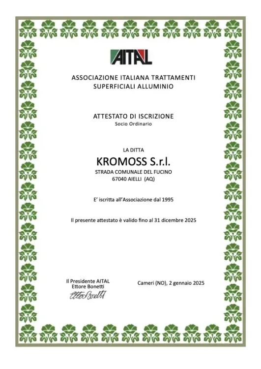 Certificate ASSOCIAZIONE ITALIANA TRATTAMENTI SUPERFICIALI ALLUMINIO